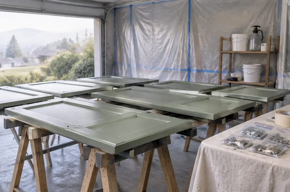Illustration: a kitchen with cabinet doors laid on a drying rack in a garage, labeled with painter tape numbers, one door half sprayed in white and a bonding primer coat visible on another, hinges in a tray