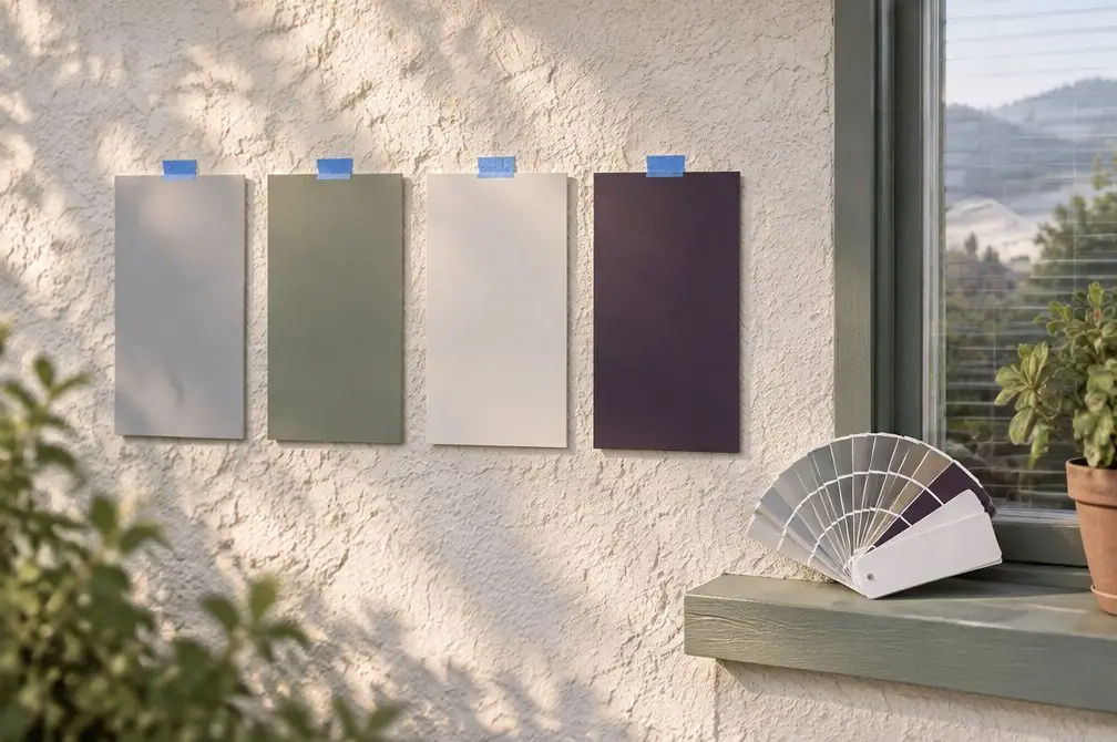 Illustration: three large painted sample boards propped against a Hayward stucco wall in afternoon light, a hand holding a fourth board in shade, trim samples in a row on the ground and a plain notebook