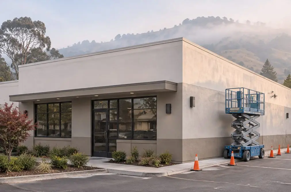 Illustration: a Hayward warehouse office corridor repainted in light gray, a roller on a pole, a lift parked outside the loading door and orange cones marking a closed zone, no signage