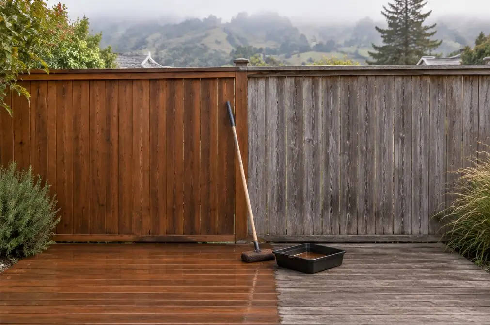 Illustration: a backyard Hayward wood deck half cleaned and half freshly stained a warm brown, a pad applicator on a pole at the edge and a wood fence behind with one section stained and the rest weathered gray