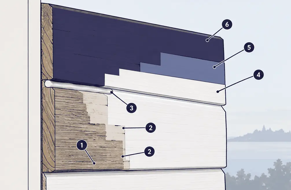Diagram: cross-section of a wood siding wall showing bare weathered wood, spot primer, a caulked joint, a full primer coat and two finish coats