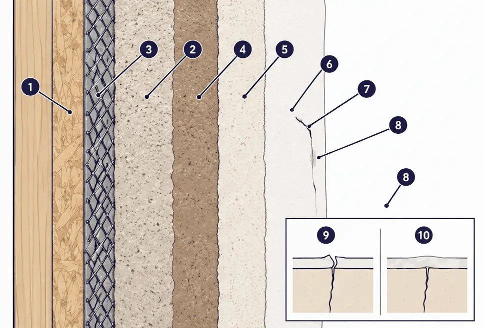 Diagram: cross-section of a stucco wall with a hairline crack, patch compound, primer and a finish film that bridges the crack