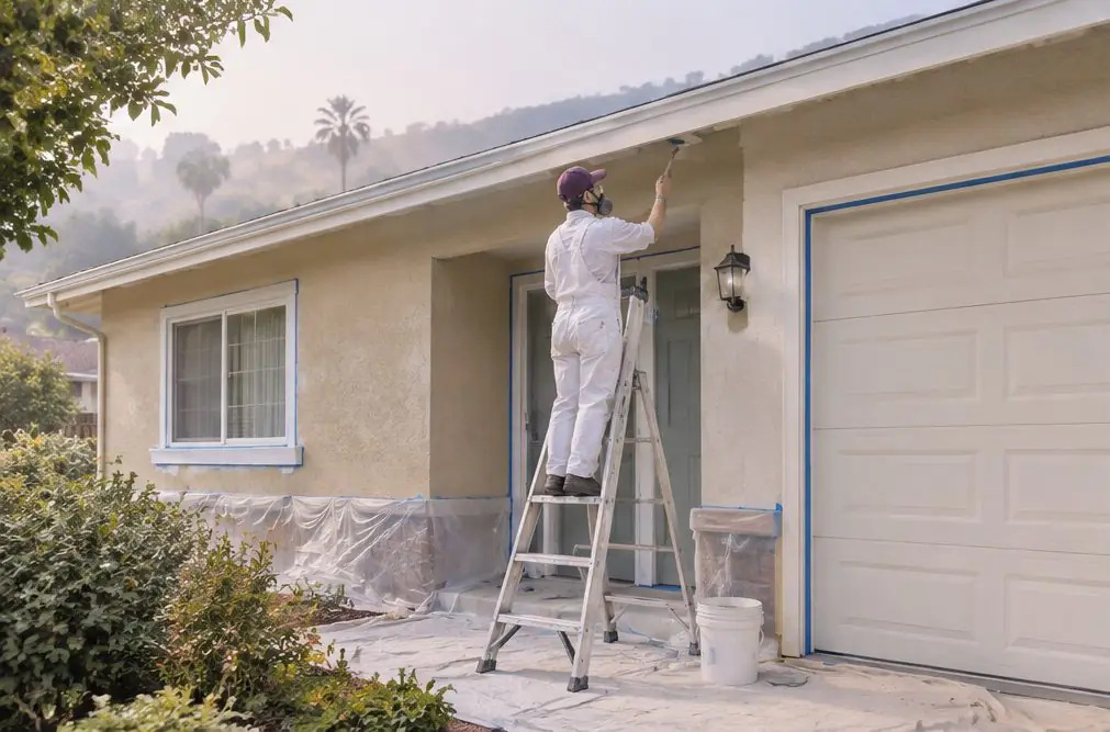 Illustration: a one-story stucco ranch house in Hayward, CA in pale sand color with plastic sheeting laid along the foundation, a painter on a footed ladder cutting in under the eave and a closed garage door beside the front door