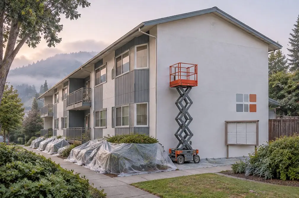 Illustration: a three-story multi-unit residential building in Hayward, CA with a scissor lift at one wall, plastic sheeting over shrubs at the base, color sample squares on a side wall and a notice board near the walkway