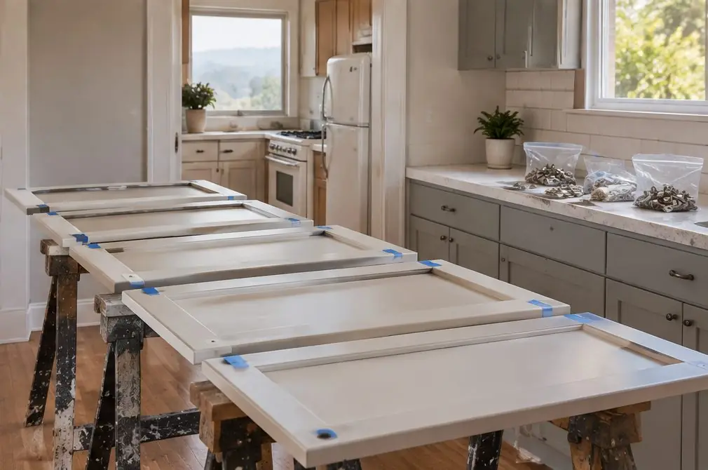Illustration: a kitchen in a Hayward, CA home with painted cabinet doors laid flat on sawhorses in an adjoining room, numbered painter's tape on the cabinet frames, and hinges sorted in labeled bags on the counter