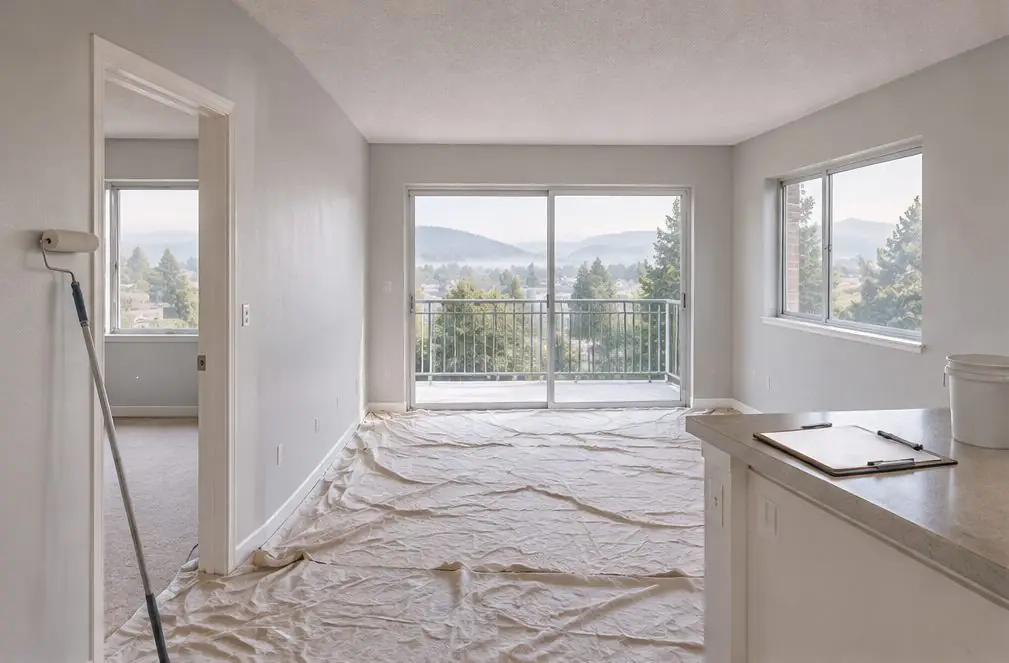 Illustration: an empty two-bedroom apartment in Hayward, CA with fresh white-gray walls, painter's drop cloths in the living room, a roller on a pole leaning in the doorway and a landlord's checklist on a clipboard