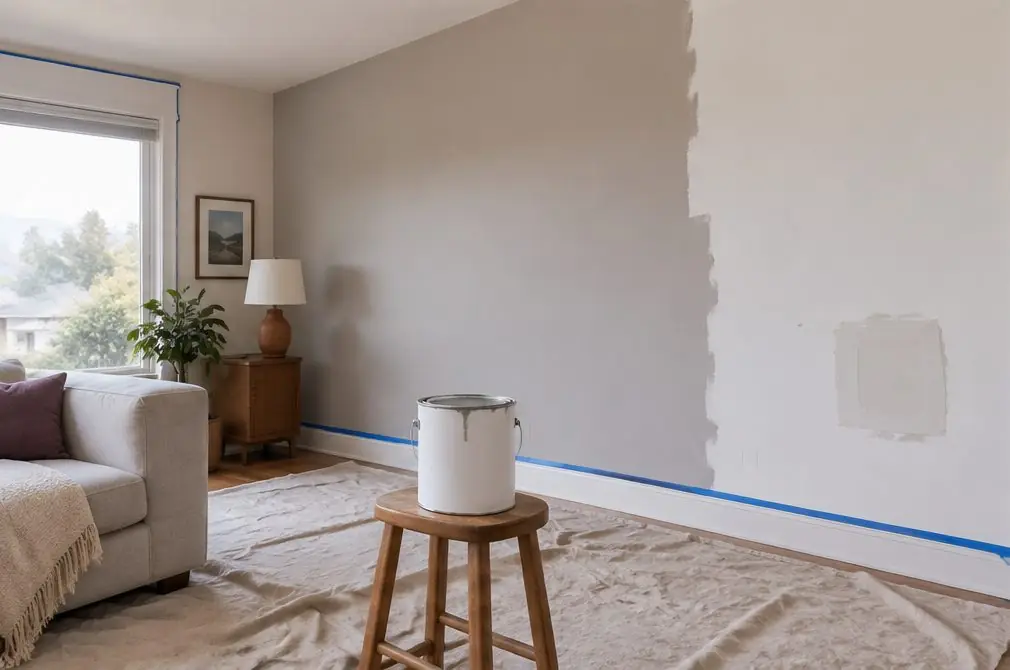 Illustration: a living room in a Hayward, CA home with half the wall painted in a soft warm gray, taped baseboards, a small patched section of drywall, drop cloths on the floor and an open can of paint on a stool