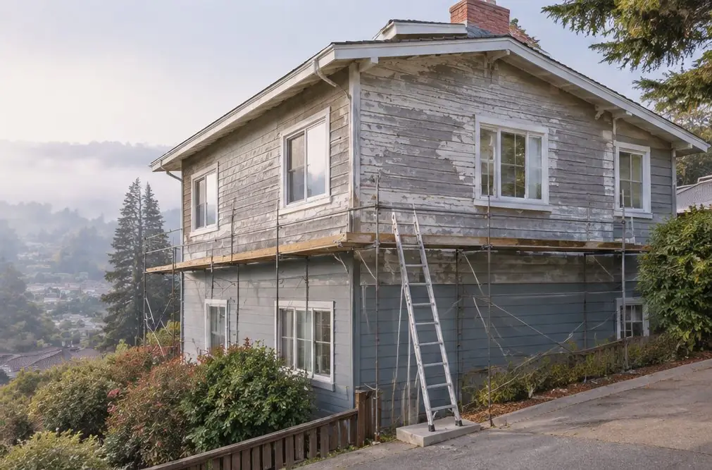 Illustration: a two-story wood-sided house on a slope in Hayward, CA, with weathered gray boards and peeling paint on the upper wall, scaffold planks on the downhill side and a ladder footed on a level platform