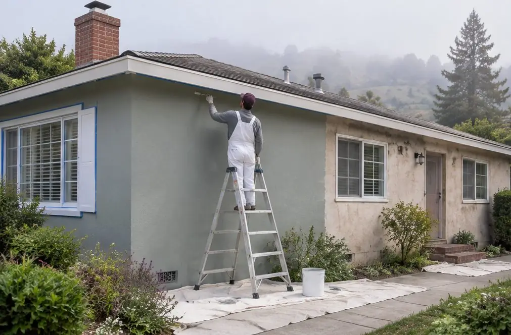 Illustration: a Hayward single-story stucco house mid-repaint, one wall washed and masked, another with fresh primer, a painter on a footed extension ladder cutting in under the eaves and plastic sheeting over the shrubs