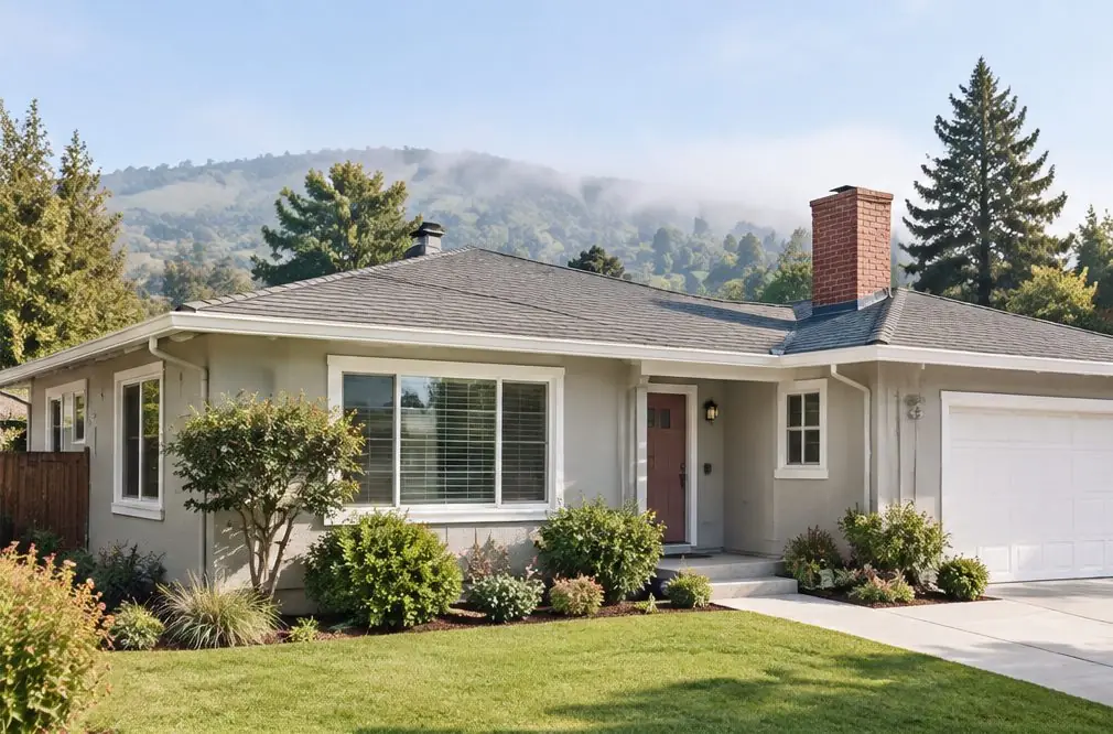 Illustration: a one-story stucco house with fresh pale paint and tidy trim in the sun