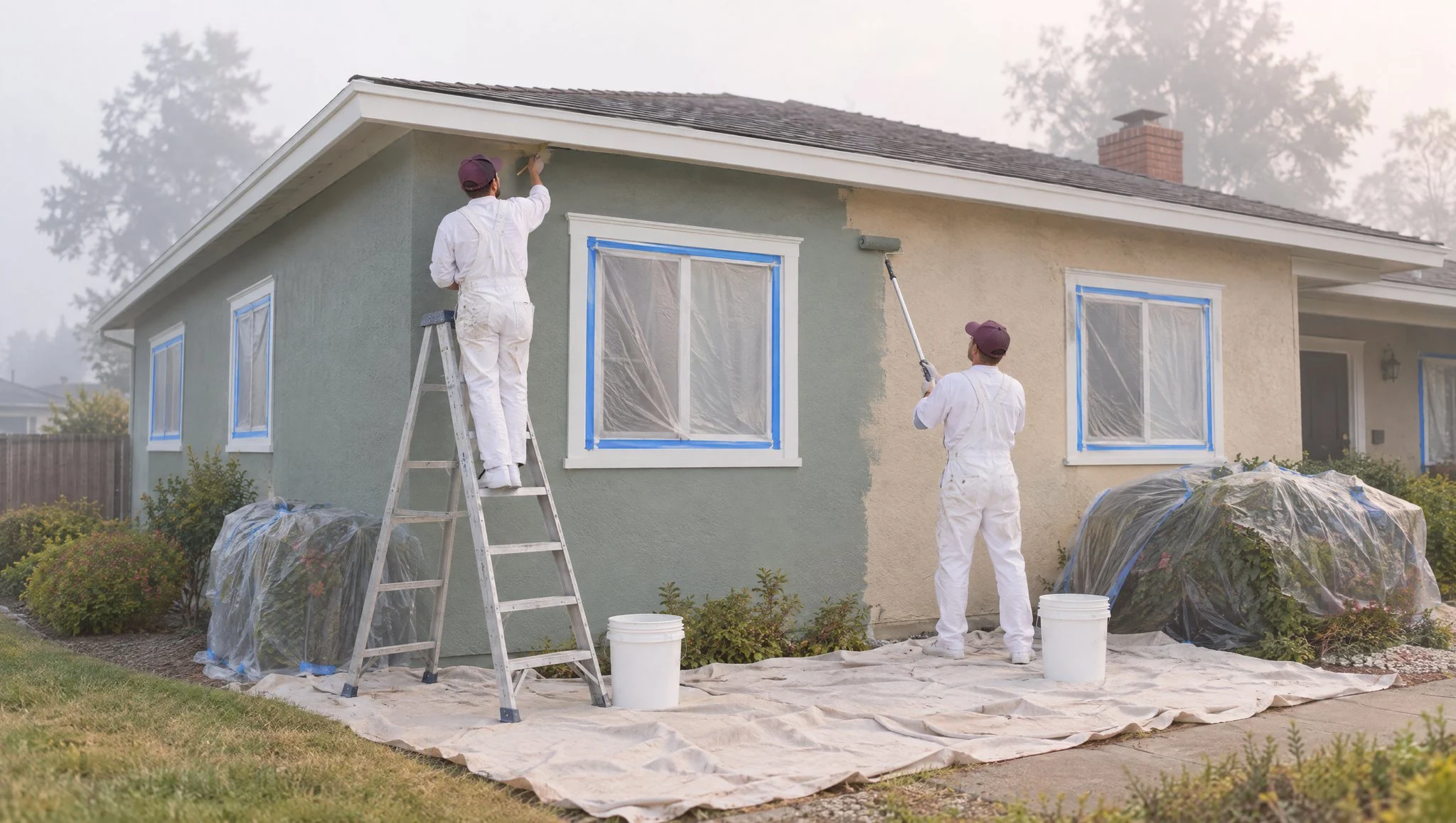 Illustration: two house painters in matching uniforms on a stable ladder and a plank, one cutting in along the eaves of a stucco house and the other rolling a wall, with plastic sheeting over the shrubs below, no brands (AI-generated)