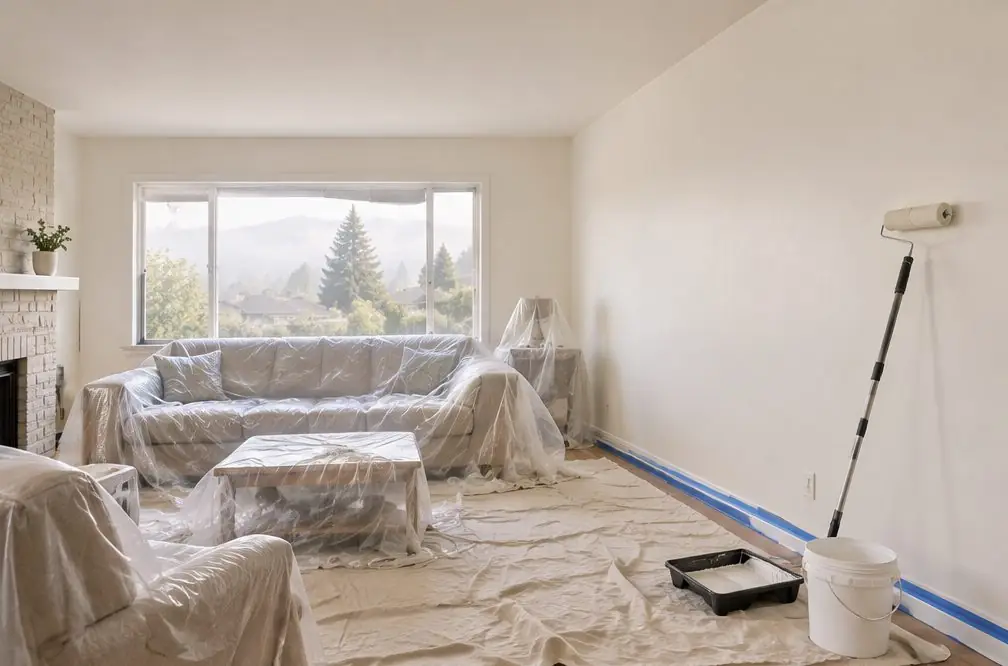 Illustration: a Hayward living room mid-repaint, furniture pushed to the center under a drop cloth, trim taped, a roller on an extension pole on one wall and a patched spot sanded smooth beside the door