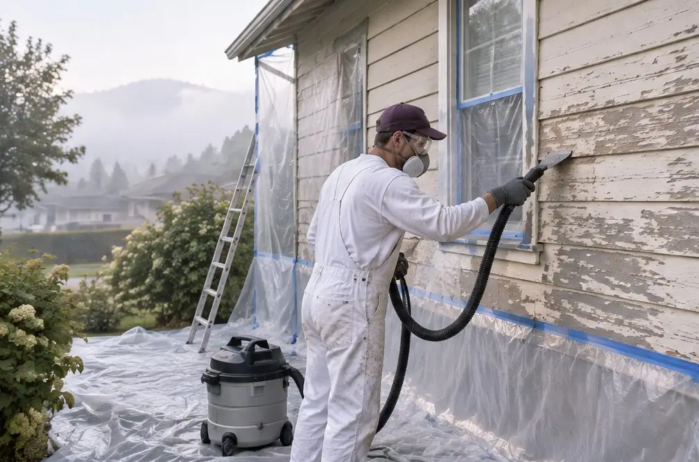 Illustration: a Hayward house exterior during a pre-1978 repaint, plastic sheeting on the ground along the foundation, tape around windows, a wet scraper in use and a sign-free cordoned work zone, no open-flame tool