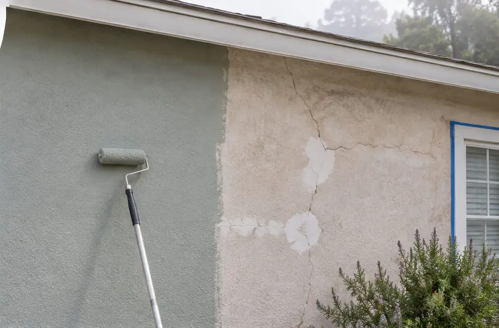 Illustration: a close view of a cream stucco wall with a hairline crack filled and a wider diagonal crack marked with a pencil line, a roller applying thick coating beside a brush at a window corner