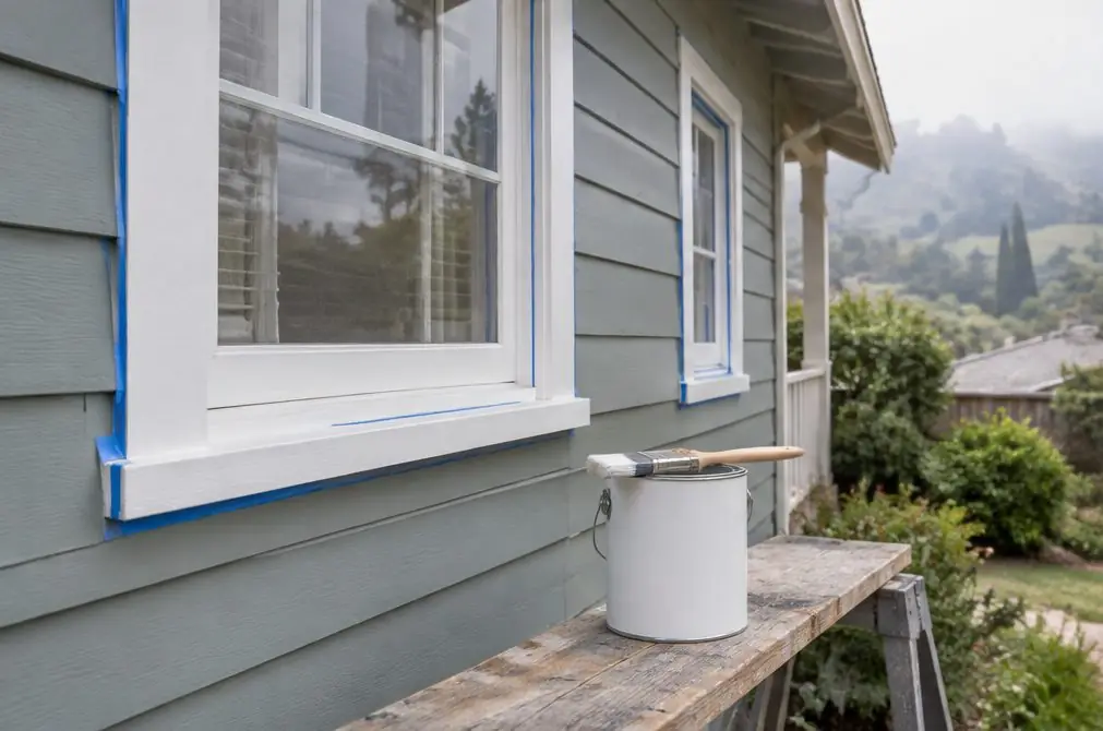 Illustration: a two-story Hayward house with horizontal wood siding, one section scraped to bare wood with a fresh primer patch, a tube of caulk in a gun on a ladder shelf and white trim boards stacked below